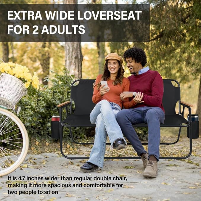 ptlsy Loveseat Camping Chair for Adults Heavy Duty Double Seat Camp Chair for 2 Person Suit for Indoor Outdoor Hiking Patio Beach (Black)