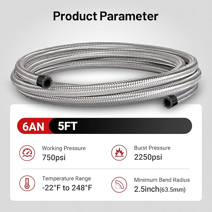 EVIL ENERGY 6AN Fuel Line Nylon CPE, 5FT AN6 Braided Fuel Hose Silver