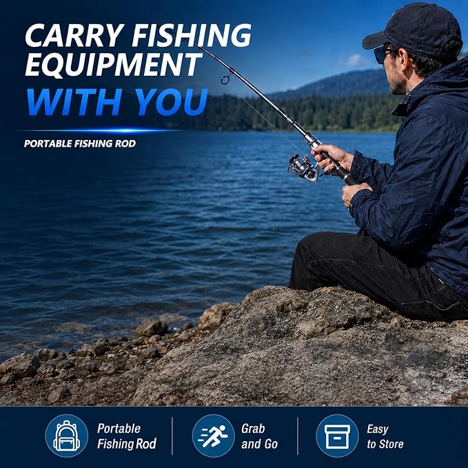 Fishing Rod and Reel Combo Kit—Telescopic Fishing Rod, Collapsible Fishing Rod, Portable Fishing Set w/Tackle Box, Lures & Bag, 4.2oz Carbon Fiber, 5.2:1 Anti-Twist Reel, Freshwater/Light Saltwater