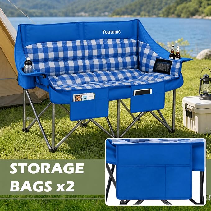 Youtanic 60" Extra Double Camping Chair, 700lbs Heavy Duty Padded Loveseat for Adults, Oversized 2 Person Folding Camp Couch with Dual Cup Holders, Portable Plaid Lawn Chair for Outside, Sports, Blue