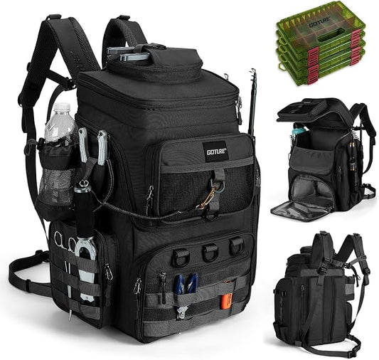 Goture Fishing Backpack with 4 Tackle Boxes, 900D Water-Resistant Tackle Backpack with Rod Holders,Insulated Cooler Compartment, 55L Large Capacity Fishing Gear Storage Bag for Saltwater & Freshwater