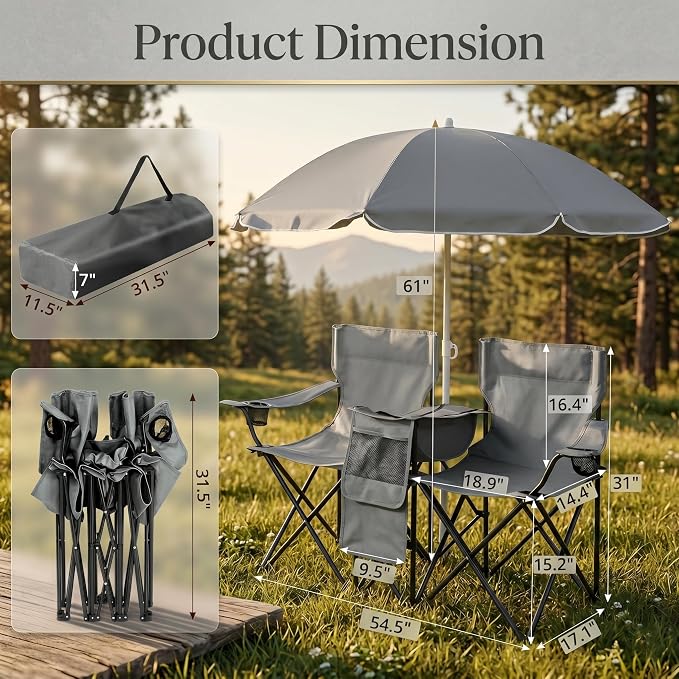 Double Camping Chair with Removable Umbrella, 2-Person Portable Folding Chair with Built-in Cooler Bag, Cup Holders & Storage Pockets, Heavy Duty Loveseat for Beach, Picnic, Fishing, Grey