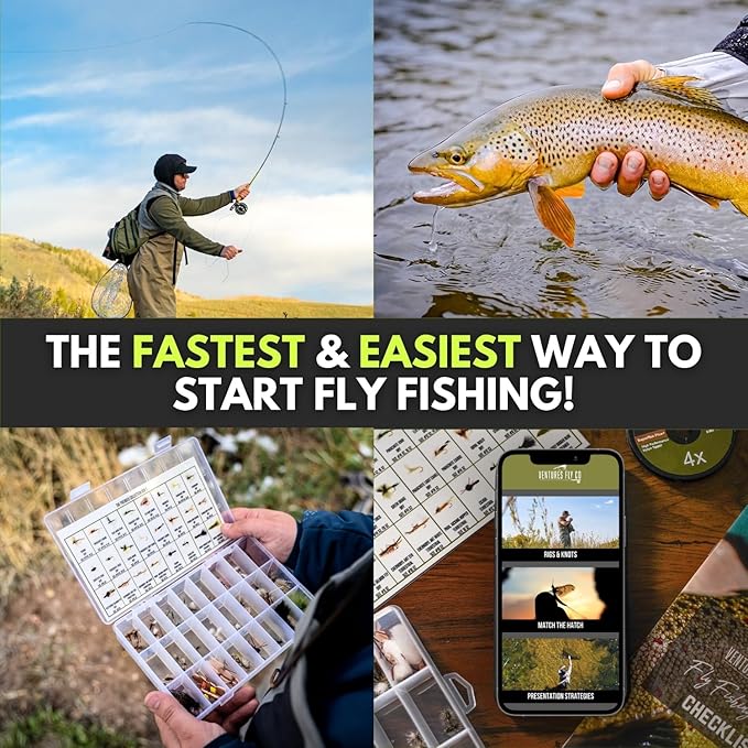Ventures Fly Co. | Starter Packages | 23 Fly Fishing Accessories Complete Gear Combo | Perfect Beginner Kit | Includes Rod, Reel, Line, Flies, Leader, Tippet, Forceps, Nipper, Floatant & Net