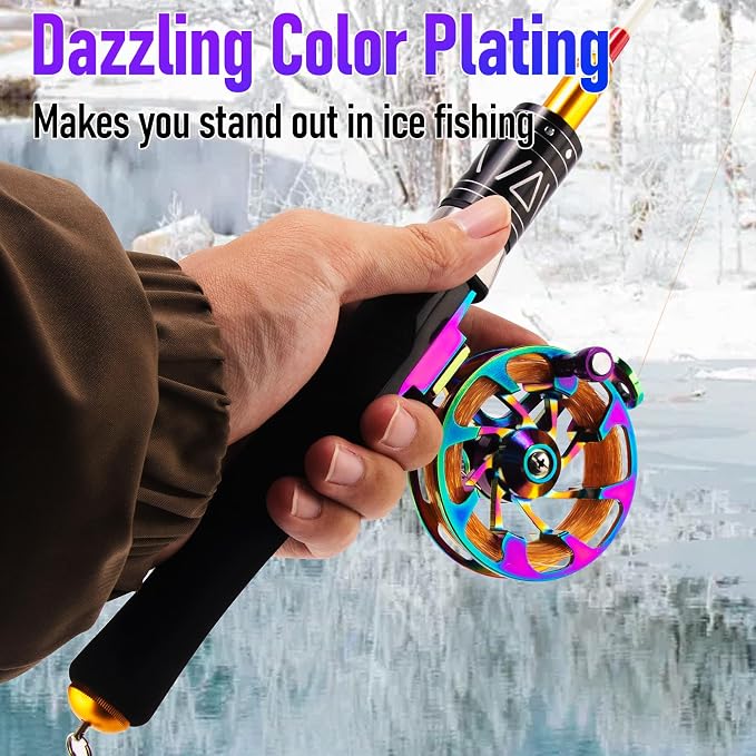 Alwonder Ice Fishing Reel Dazzling Color, CNC-Machined Aluminum Ultra-Lightweight and Durable Inline Ice Fishing Reel, Smooth Right Hand Ice Reels Fishing Gear