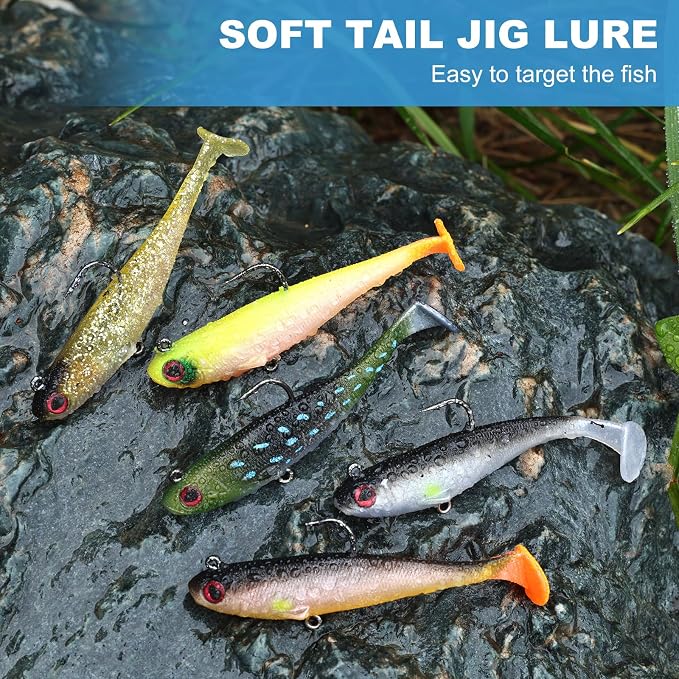 5 Pcs Pre-Rigged Soft Fishing Lures, 3.5In Paddle Tail Jig Heads Swim Bait, Realistic Movement Easy Catch Fishing jigs Lure, Fishing Baits for Freshwater Saltwater Bass Trout Baits