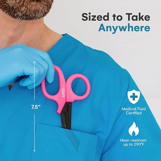 Madison Supply Trauma Shears for Nurses - Premium Stainless Steel Medical Scissors with Non-Stick Blades - 7.5" Surgical Nurse Scissors for First Aid and Emergency Use - Fluoride Coated Blades - Pink