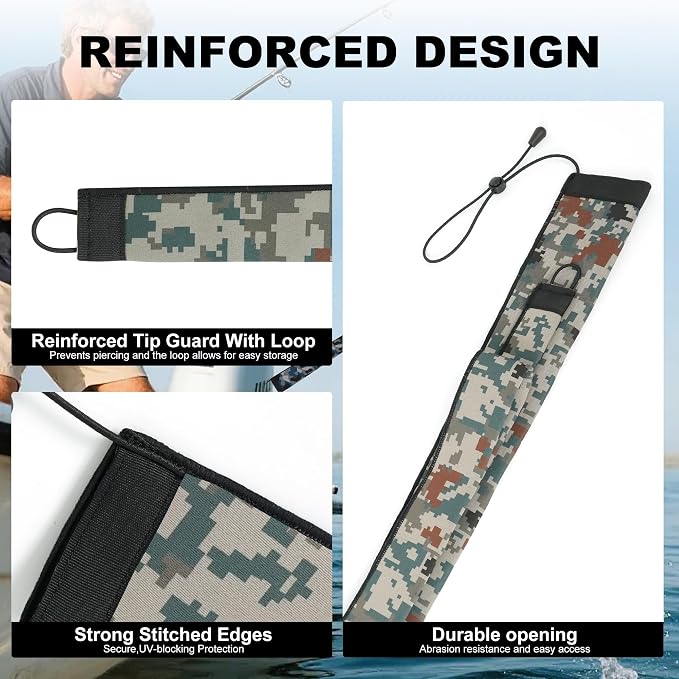 Neoprene Camo Fishing Rod Sleeves,Fishing Pole Sleeves,Fishing Rod Socks | UV Resistance,Puncture Resistant, Protect Casting, Spinning, Trolling Fishing Rods, Storage, tangled-free,75in,68in,60in