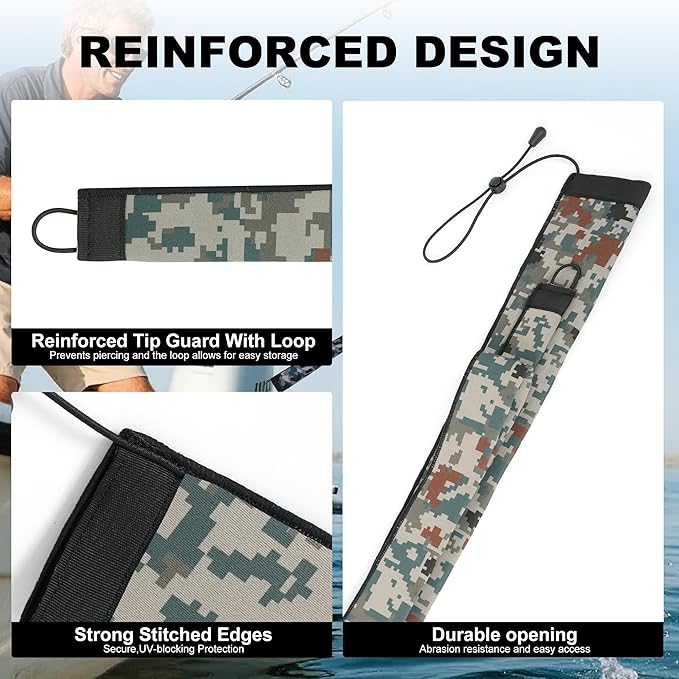 Neoprene Camo Fishing Rod Sleeves,Fishing Pole Sleeves,Fishing Rod Socks | UV Resistance,Puncture Resistant, Protect Casting, Spinning, Trolling Fishing Rods, Storage, tangled-free,75in,68in,60in