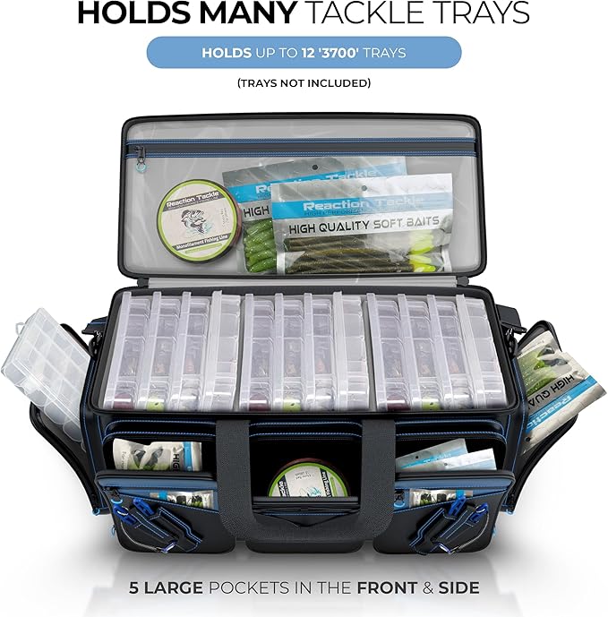 Reaction Tackle Fishing Tackle Bag – Salt Water Resistant Fishing Bag, 1000D PVC Waterproof Material, Tackle Box Organizer with Dividers for 3600 or 3700 Trays