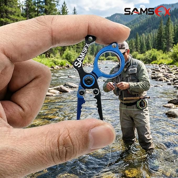 SAMSFX Mini Fishing Pliers with Fly Fishing Zinger Retractor, Fish Hook Remover Tool, Split Ring Pliers for Saltwater & Freshwater, Tungsten Carbide Cutters, Fishing Gear Gift for Anglers