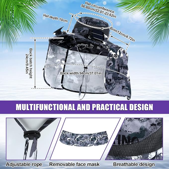 Chuarry Wide Brim Sun Hat with 2 Solar Fans and Neck Flap Outdoor Solar Powered USB Charging Bucket Fishing Hat for Men Women