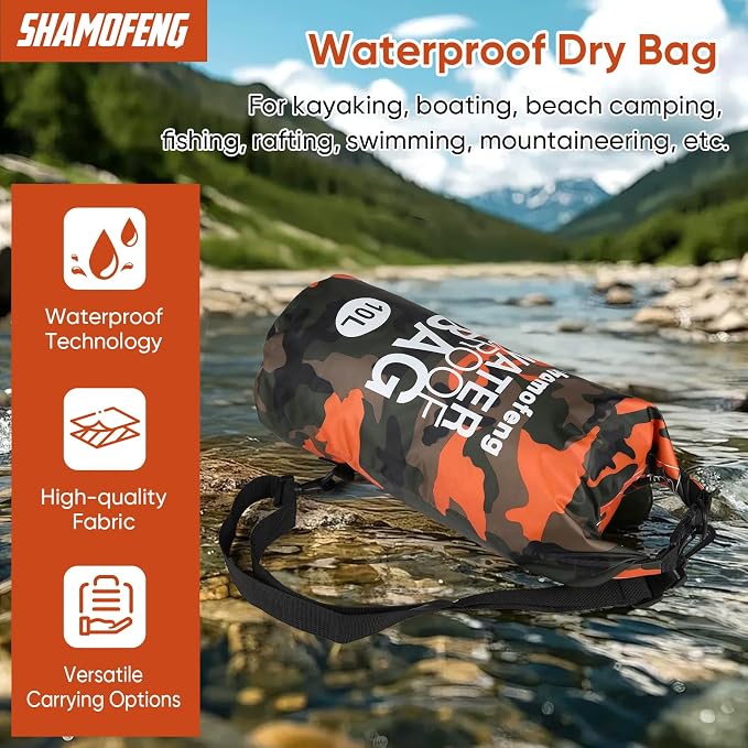 Waterproof Dry Bag 5L/10L/15L/20L/30L Roll Top Dry Storage Backpack with Phone Case, Collapsible Water Bottle, Sunglasses, Ear Band for Kayaking Boating Swimming Fishing Camping, Orange 30L