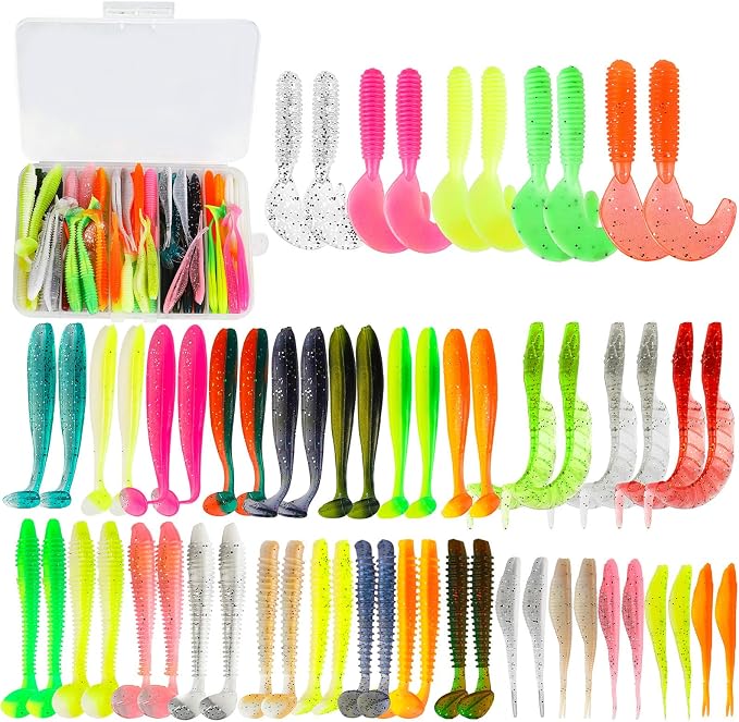 Soft Fishing Lures Set with Tackle Box, 6.5cm/8cm Paddle Tail Swimbaits, 60PCS Soft Plastic Baits with Curly Tails, Freshwater Fishing Lures for Bass, Trout, and More