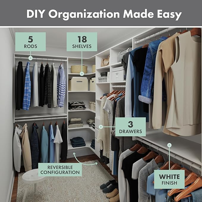 Easy Track PH43-WH Ultimate Corner Wood Kit Closet Organizer in White with White-Vinyl Hardware