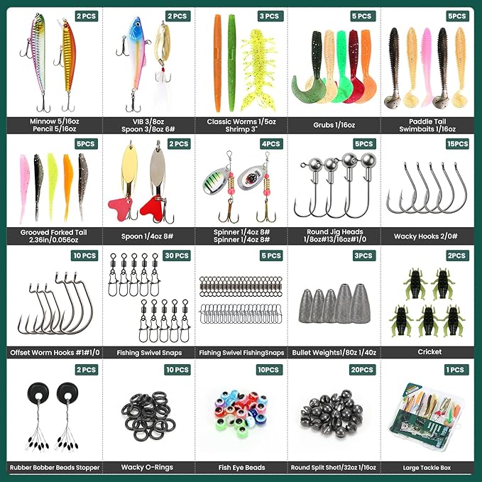 Fishing Tackle Box Kit with Fishing Techniques Book,142Pcs Lures Set Including Plugs,Spoon,Hooks, and Accessories,Saltwater & Freshwater Gear for Bass,Trout, Salmon. (142pcs Fishing Tackle Box)