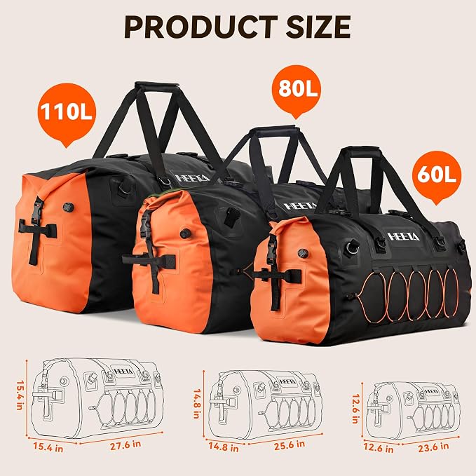 HEETA Waterproof Duffel Bag Motorcycle Dry Bag Backpack, 60L/80L Extra Large Rolltop Travel Duffle Bags with Straps & Handles for Kayaking Rafting Boating Canoeing Camping Gym Beach Cruise Ship