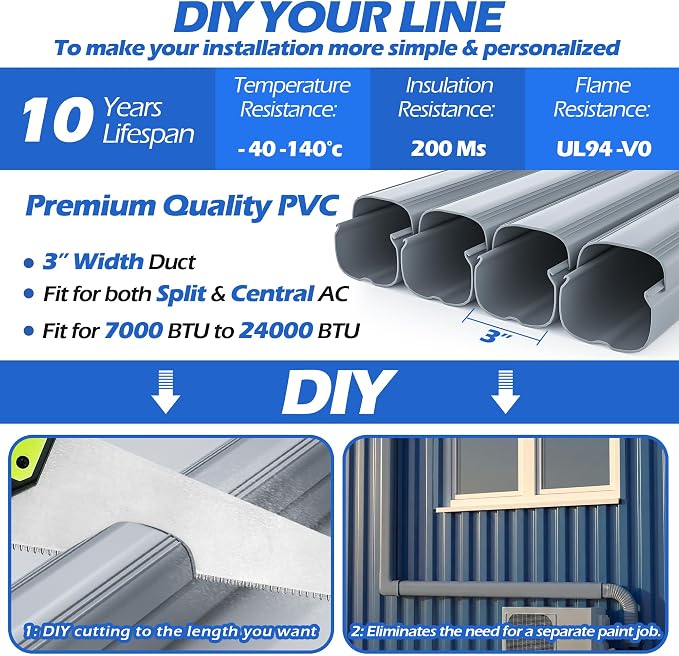 Mini-Split Line Set Cover: 3'' 17 Ft Line Hide for Mini Split Air Conditioner Central AC HVAC - Waterproof Decorative Pipe Cover for Outdoor, Grey