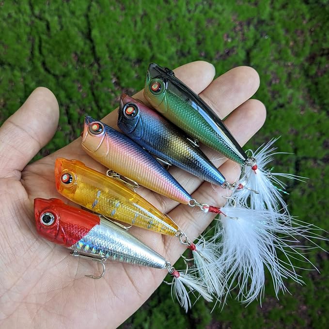 Alwonder 5-Pack Fishing Popper Lure, Fishing Top Water Lures Bass Lures Feathered Treble Hooks Rooster Tail Lure Plugs Hard Baits
