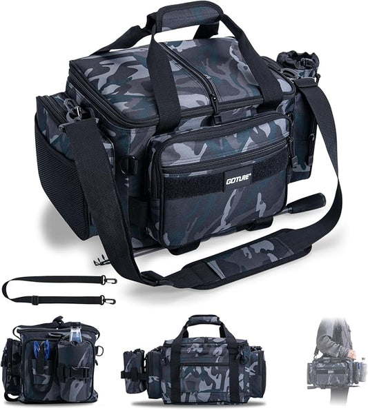 Goture Fishing Tackle Bag,Store Up to 4PCS 3700 Tackle Boxes(Not Included),600D Soft Side Water-Resistant Saltwater Gear Storage Fishing Bag with Rod Straps,Detachable Water Bottle Pouch,SBS Zippers