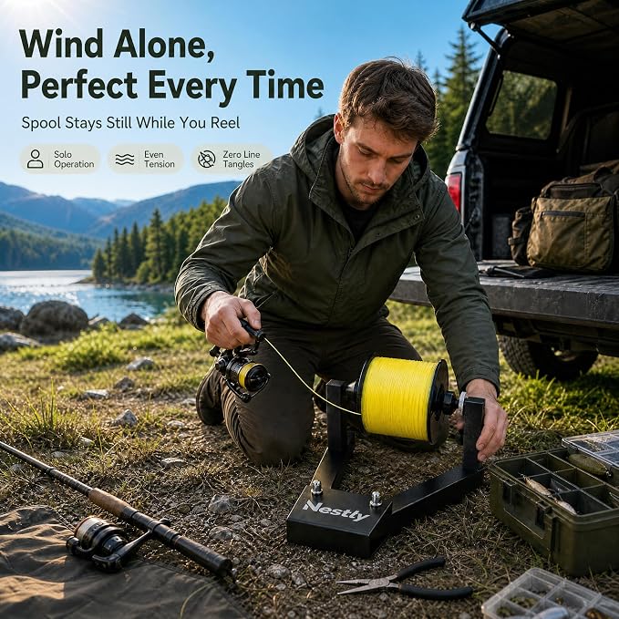 Fishing Line Spooler for Large Spools, Holds Filler and Bulk spools, Portable line Winder Fishing line Spooler with Heavy-Duty Steel Construction, Foldable and Adjustable Tension, Fishing Gears Gifts