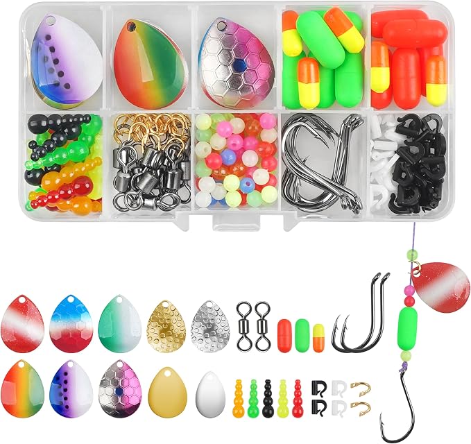 Walleye Rig Making Kit,230pcs DIY Fishing Lure Making Supplies Crawler Harness Walleye Spinner Rigs Colorado Blades Pompano Floats Clevises Beads Hooks Spinner Lure Making Kit