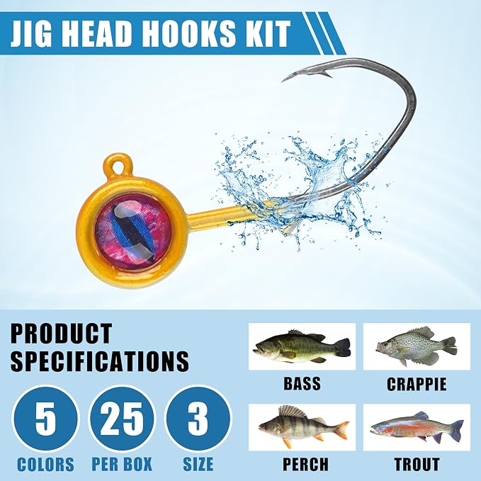 Crappie Jig Heads Fishing Lures Kit, 25pcs Underspin Jig Heads with Spinner Blade Eye Ball Head Painted Crappie Lures Fishing Jigs for Bass, Trout, Panfish, Sunfish