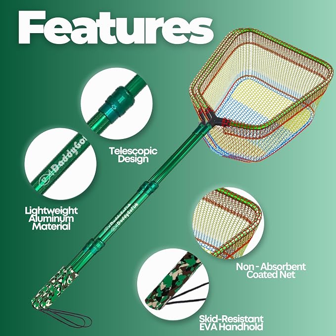 DaddyGoFish Kids Fishing Net - Extendable Telescopic Landing Net for Boy Girl Children Catching Small Fish Crab Shrimp Minnow Dragonfly Beach Pier Lake River Ocean