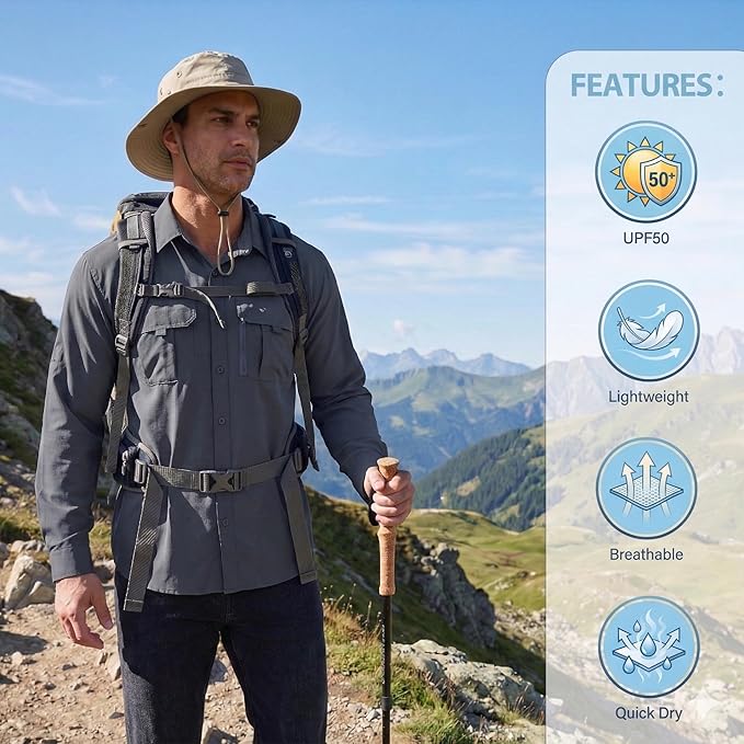 Men's Long Sleeve Fishing Shirts UPF 50+ Sun Protection Quick Dry Shirts Button Down Shirt for Hiking Camping