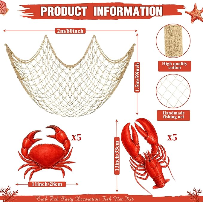 Silipull 11 Pcs Crawfish Crab Party Decorations Kit Fishing Net Cute Cardstock Photo Prop for Birthday Sea Animal Indoor Outdoor Dessert Table Party Supply
