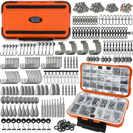 Fishing Tackle Kit with Box – 423pcs Complete Terminal Tackle Assortment, Hooks, Sinkers & Swivels, Beads & Bobber Stops for Freshwater Bass & Trout (Orange-423PCS)
