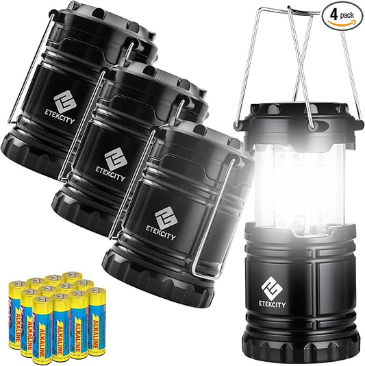 Etekcity Camping Lanterns for Power Outages 4 Pack, Flashlight for Camping Essentials, Survival Kit and Gear, Hurricane Preparedness Items, Emergency Led Battery Operated Lights, Black