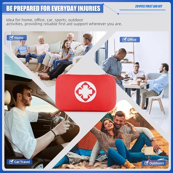 Mini Travel First Aid Kit, Emergency Kit with 201PCS First Aid Supplies and Waterproof Compact Bag, Survival Medical Kit for Home Car Office Camping Hiking