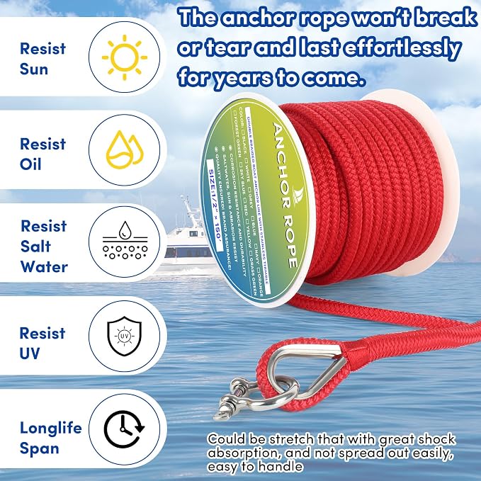 Boat Anchor Rope 150 ft x 1/2 inch Red, Double Braided Anchor Line with Stainless Steel Thimble & Shackle, Marine Rope Ideal for Towing, Mooring, Decks, Anchoring, for Boats Up to 35'