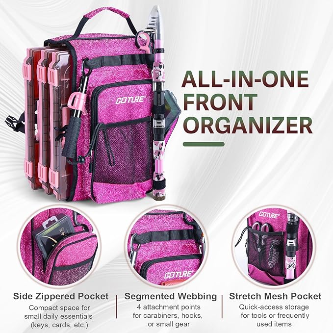 Goture Pink Fishing Rod and Reel Combo - ML Action Spinning Reel Pole with Shimmering Pink Sling Bag - 8FT Telescopic Rod Kit for Starter Travel Saltwater Freshwater