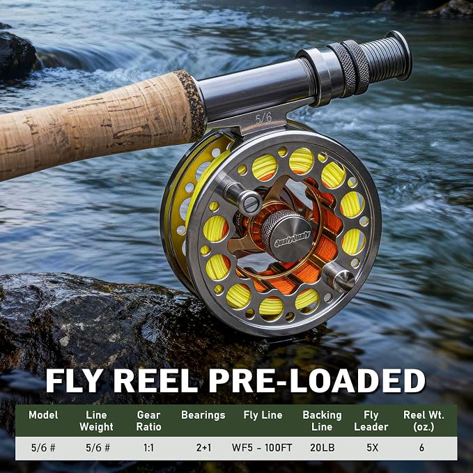 QualyQualy Fly Fishing Combo Starter Kit, 9Ft Fly Rod 4-Piece Graphite Rod with Bag, Accessories, Die Cast Aluminum Pre-Loaded Reel, Chest Pack, Fly Fishng Net & Flies