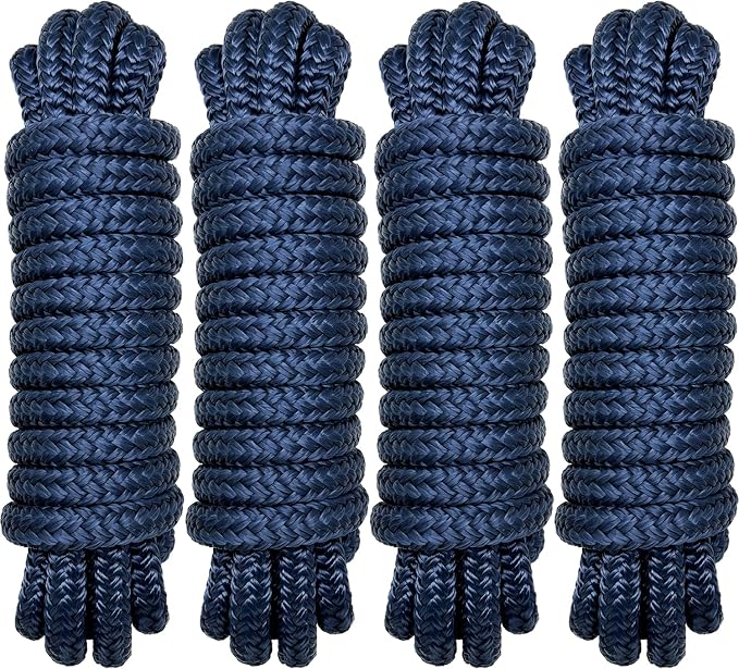 Double Braid 1/2" x 15' Boat Dock Lines (4-Pack) – Nylon Boat Ropes for Docking with 12" Spliced Eye – Heavy Duty Marine Rope – Soft & Durable Boat Lines for Pontoon and Light Boat (Navy Blue)