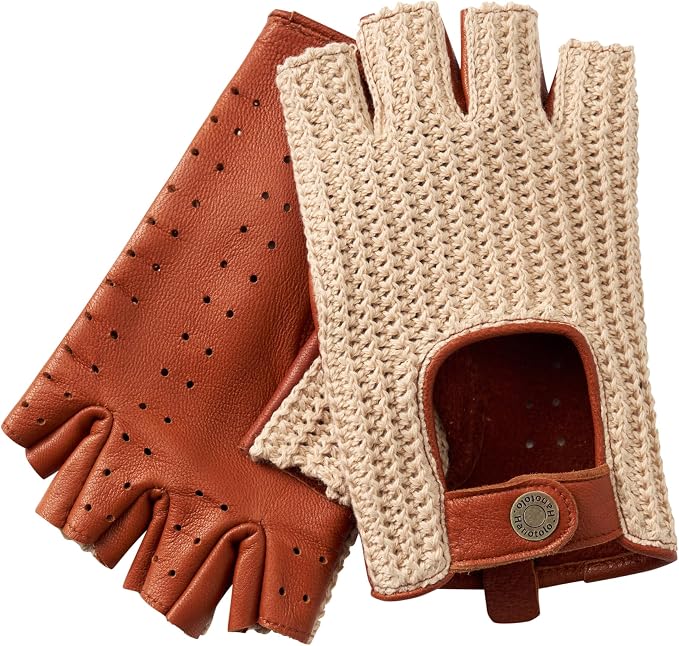 Fingerless Driving Gloves for Men– Soft Lambskin Leather, Crochet String Back