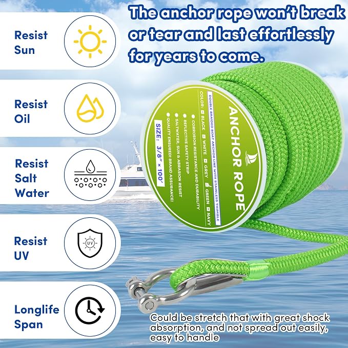 Boat Anchor Rope 100 ft x 3/8 inch Grass Green, Double Braided Anchor Line with Stainless Steel Thimble & Shackle, Marine Rope Ideal for Towing,Mooring,Decks,Anchoring,for Boats Up to 27'