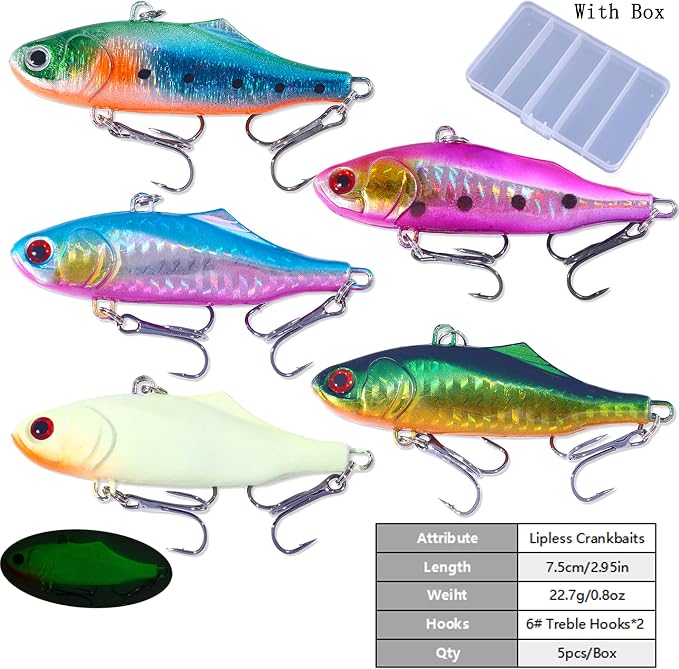 Lipless Crankbait, Rattle Trap Fishing Lures for Freshwater Saltwater, Lipless Crankbaits for Bass Fishing Lure Set for Bass Trout Walleye Redfish Pike, 5pcs with Box
