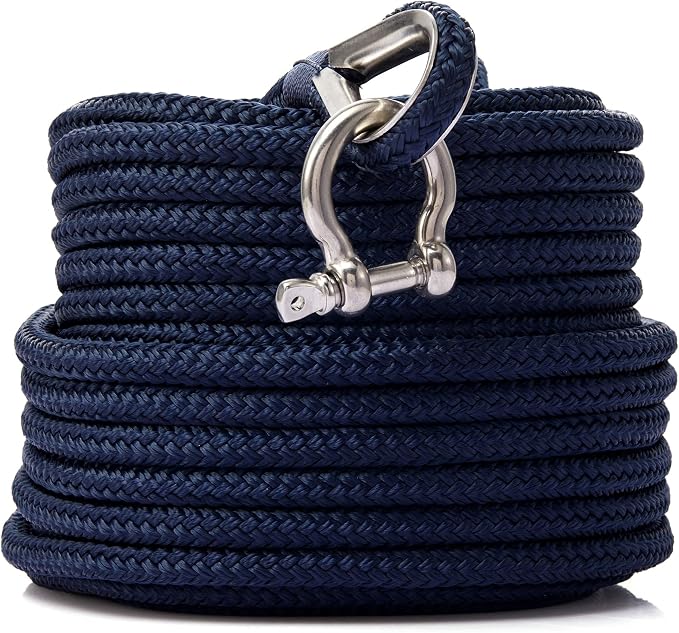 RainierSupplyCo Boat Anchor Rope - Double Braided Marine Rope Anchor Line - 50 ft x 3/8 Inch Nylon Boating Line with 316 Stainless Steel and Heavy Duty Marine Grade Bow Shackle - Navy Blue