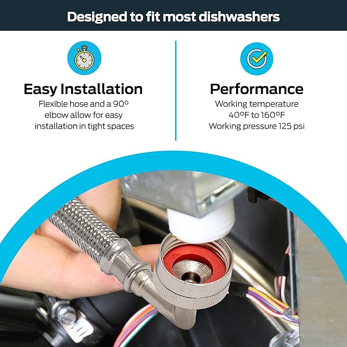 Eastman 6 foot Dishwasher Supply Line, 3/8 Inch Compression x 3/4 Inch FHT Elbow, Braided Stainless Steel Dishwasher Connectors, 41043