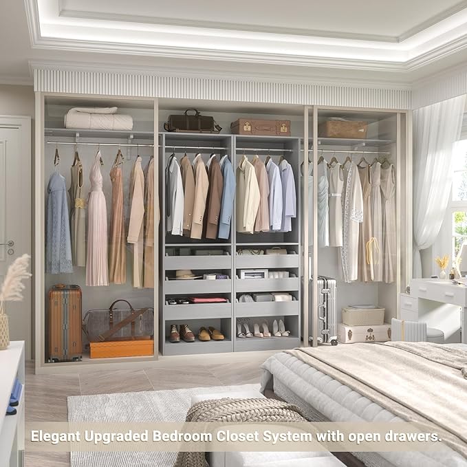 60" Wide x 80" Tall Closet System with 3 Half-Open Wooden Drawers, 5FT Closet Organizer System with 2 Hanging Rods & Removable Tower, Freestanding Wardrobe Organizer for Walk-in Bedroom, Grey