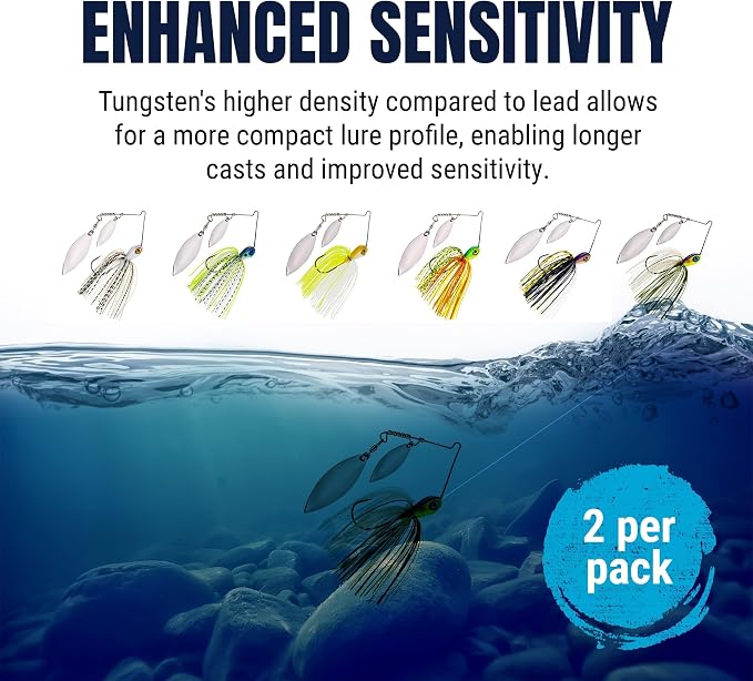Reaction Tackle Tungsten Spinner Bait Spinnerbait - Double Willow Blade Bass Fishing Lure - Compact Profile Heavy Casting 97% Tungsten (2-Pack)