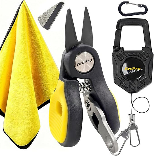 Titanium-Coated Fishing Line Cutter Saltwater Set, Fishing Scissors for Braided Line with Retractable Zinger & Thick Microfiber Towel, One-Hand Operation Anti-Rust Compact Braid Scissors