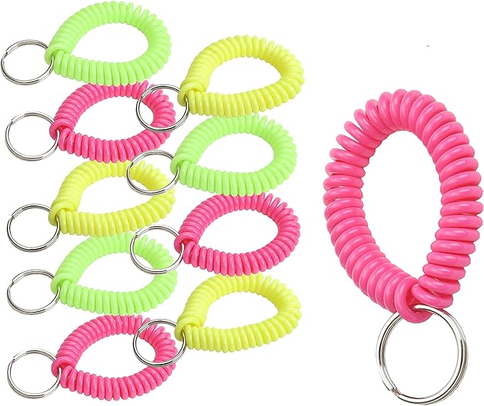 Lucky Line 2” Spiral Wrist Coil with Steel Key Ring, Flexible Wrist Band Key Chain Bracelet, Stretches to 12” Assorted Neon Colors, 25 PK (41076)