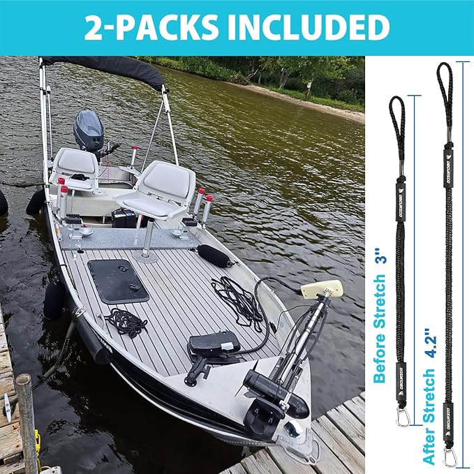 Obcursco 3FT Bungee Dock Lines with 316 Stainless Clip, Heavy Duty Boat Mooring Rope for Jet Ski, PWC, SeaDoo, Kayak (2 Pack, Black)