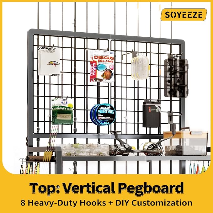 SOYEEZE Large Size Fishing Rod Holders for Garage, Heavy Duty 3-Tier Fishing Pole Rack with Pegboard and Hooks, Fishing Gear Organizer Up to 12 Rods, Rolling Fishing Storage Cart with Lockable Wheels