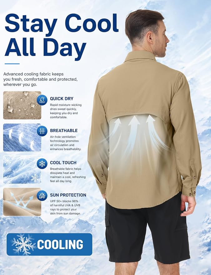 Roadbox Men's Sun Protection Fishing Shirt, Long Sleeve Cool Dry Lightweight UPF 50+ Shirts for Hiking Safari Camping Travel