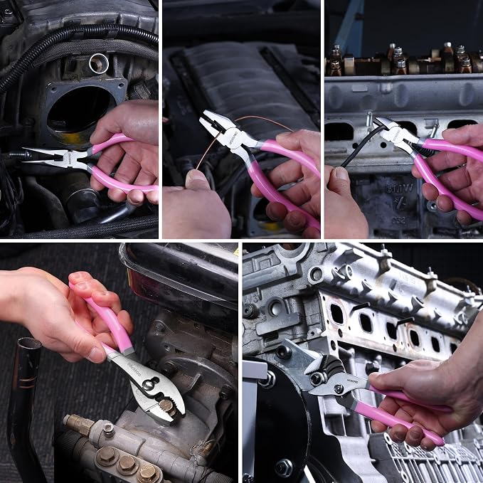 WORKPRO 7-piece Pliers Set with Groove Joint, Long Nose, Slip Joint, Linesman, and Diagonal Pliers for DIY & Home Use - Pink Ribbon