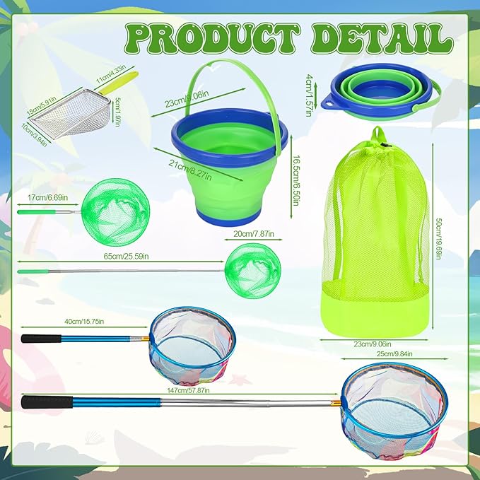 2 Pack Telescopic Kids Fishing Net with Handle, 2 Collapsible Bucket Sand Pail, Stainless Steel Foldable Fishing Net Small Fishing Butterfly Bug Net Beach Shovel with Storage Bag